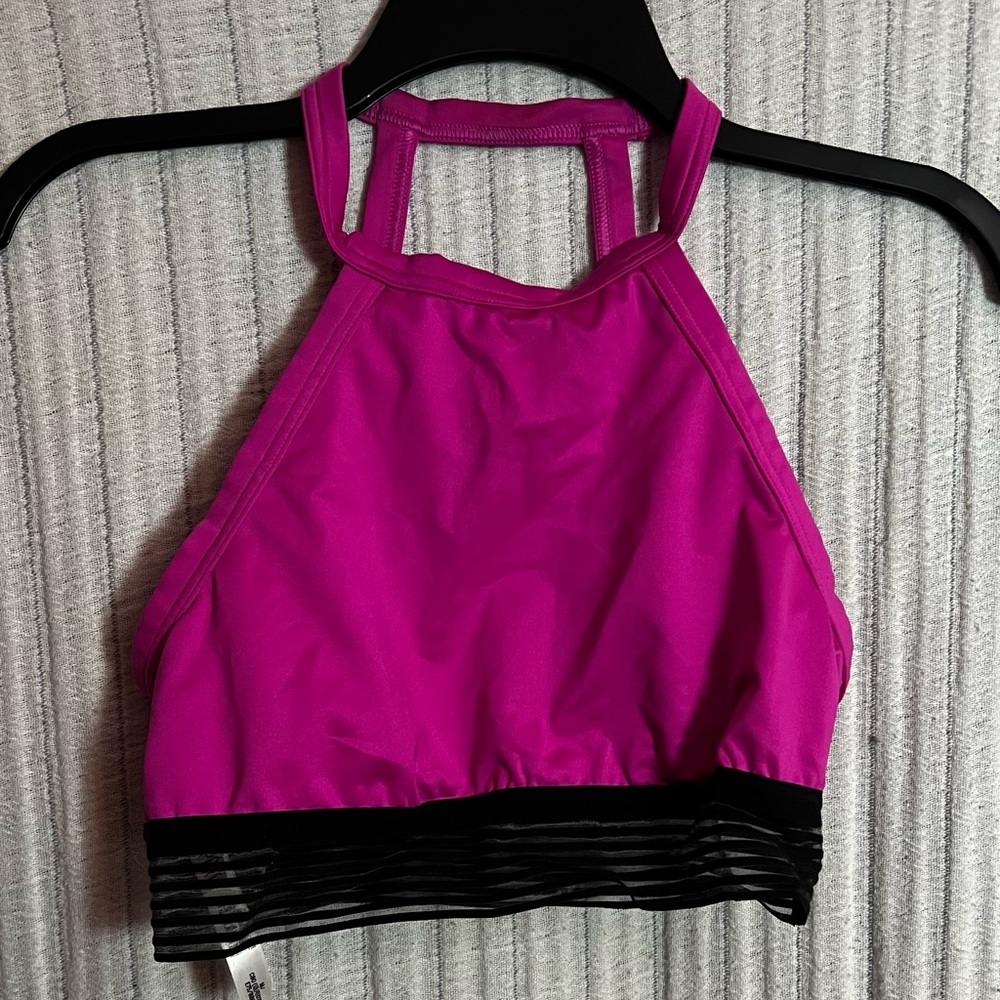 Vibrant Pink Halter Sports Bra with Black Trim